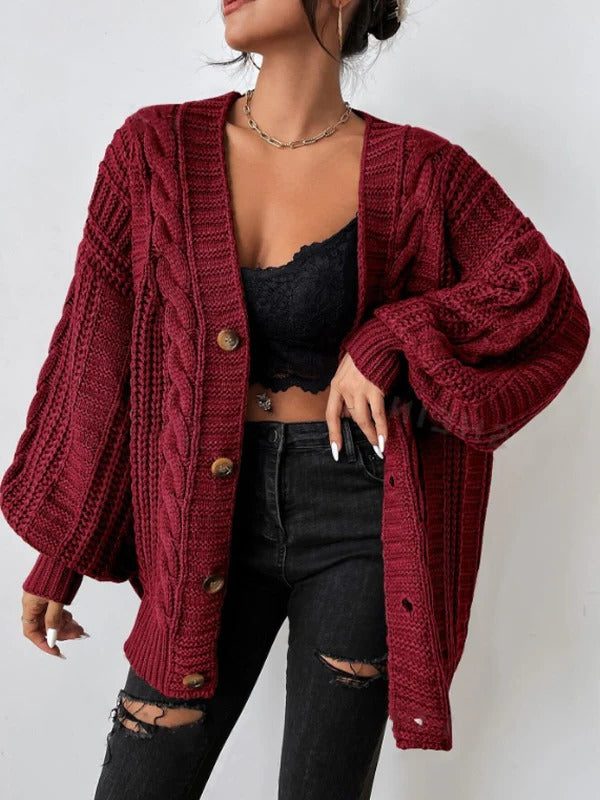 Oversized Cable Knit Button-Down Cardigan for Women