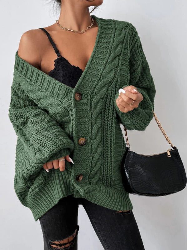 Oversized Cable Knit Button-Down Cardigan for Women