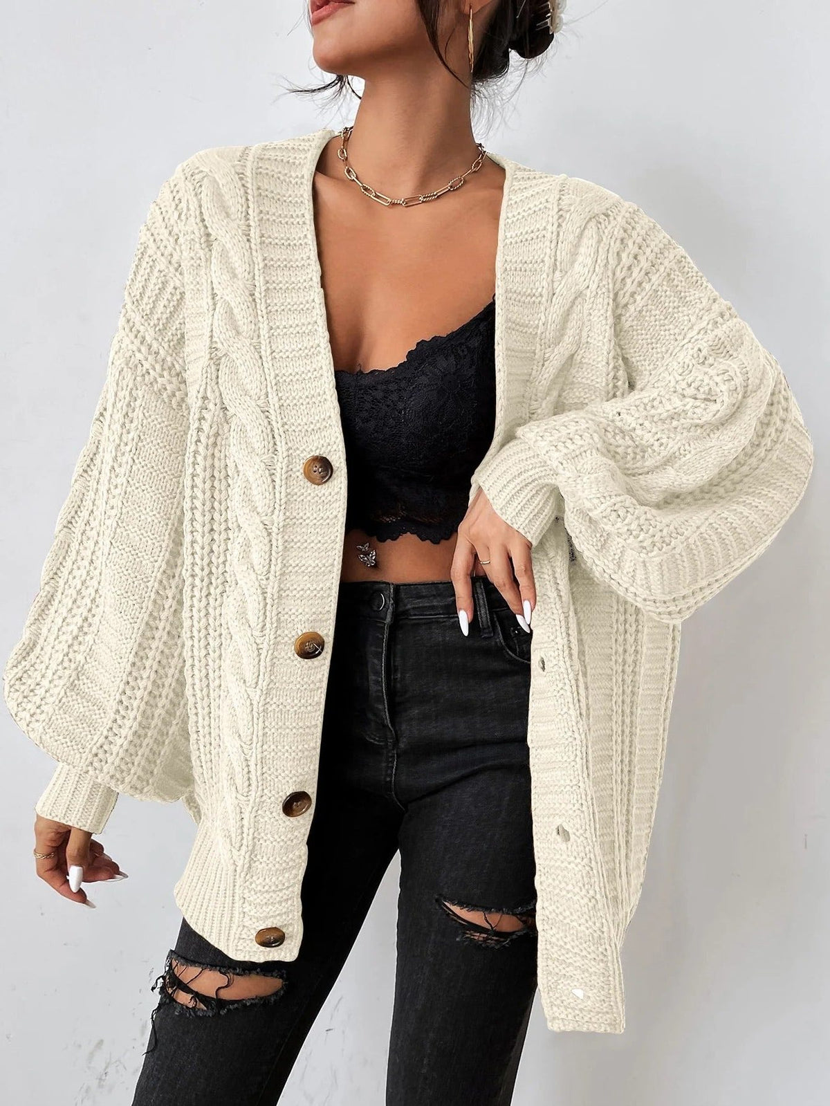 Oversized Cable Knit Button-Down Cardigan for Women - Beige