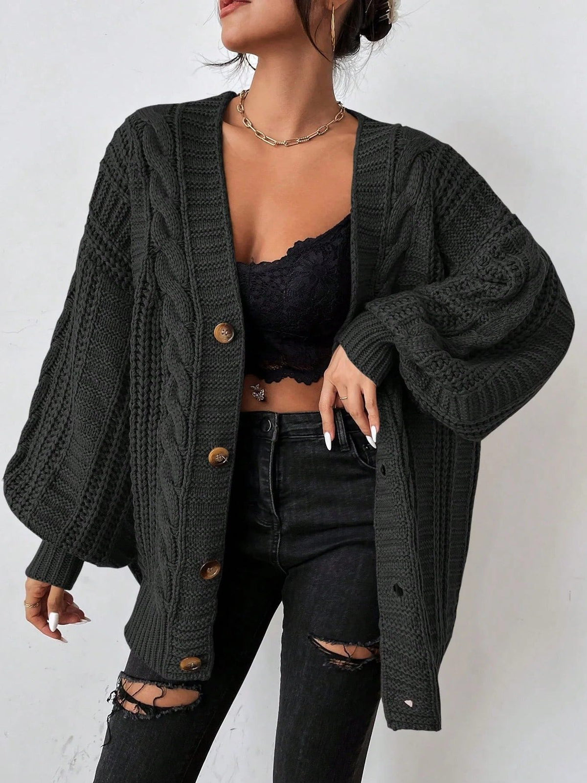 Oversized Cable Knit Button-Down Cardigan for Women - Black