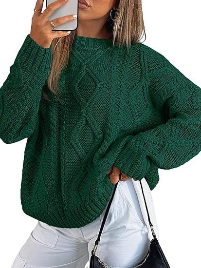 Oversized Cable Knit Sweater for Women - Dark green