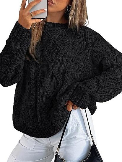 Oversized Cable Knit Sweater for Women - Black