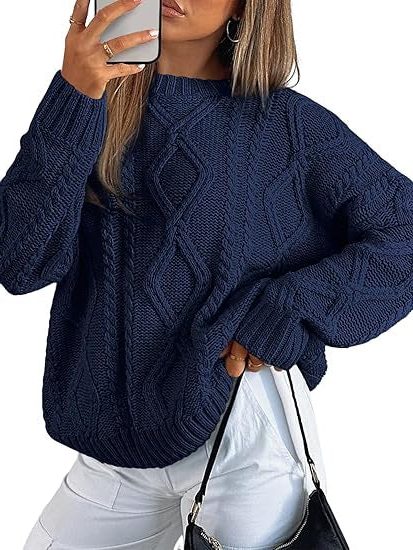 Oversized Cable Knit Sweater for Women - Navy blue