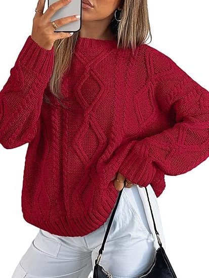 Oversized Cable Knit Sweater for Women - Red