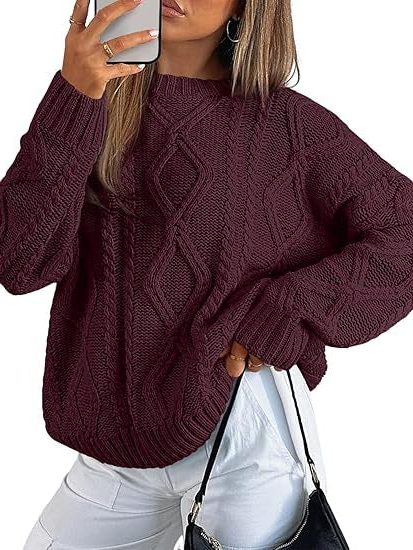 Oversized Cable Knit Sweater for Women - Purple red