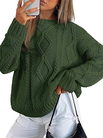 Oversized Cable Knit Sweater for Women - Olive green