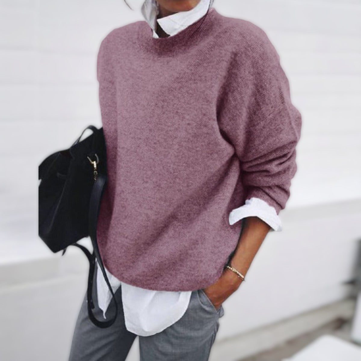 Oversized Cashmere Crew Neck Sweater for Women - Pink