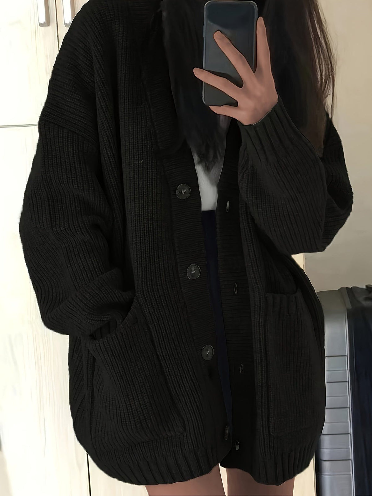 Oversized Chunky Knit Button-Front Cardigan for Women - Black