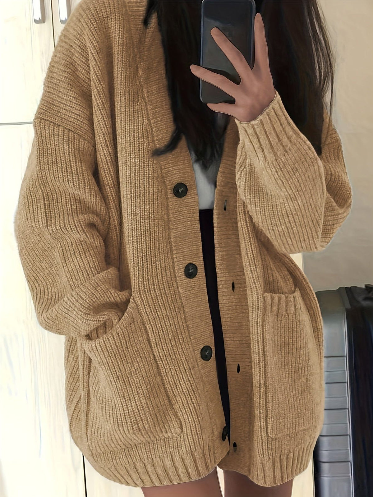 Oversized Chunky Knit Button-Front Cardigan for Women - Coffee Brown