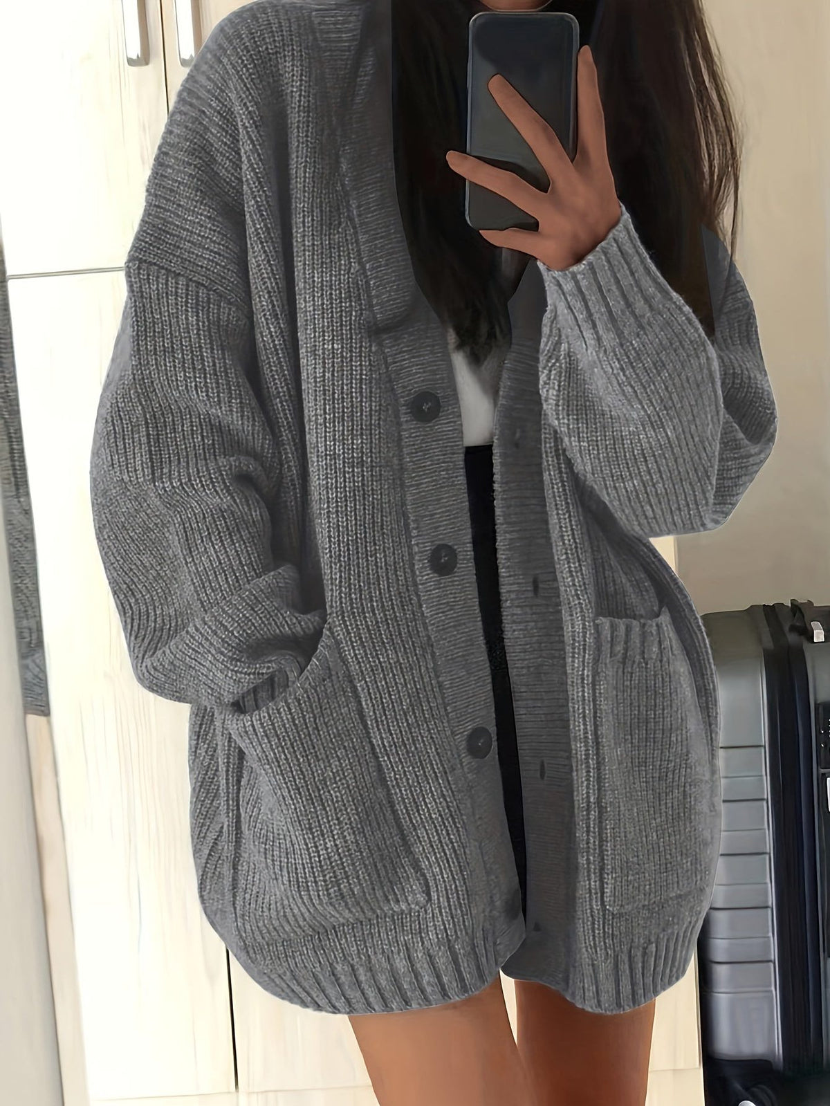 Oversized Chunky Knit Button-Front Cardigan for Women - Grey