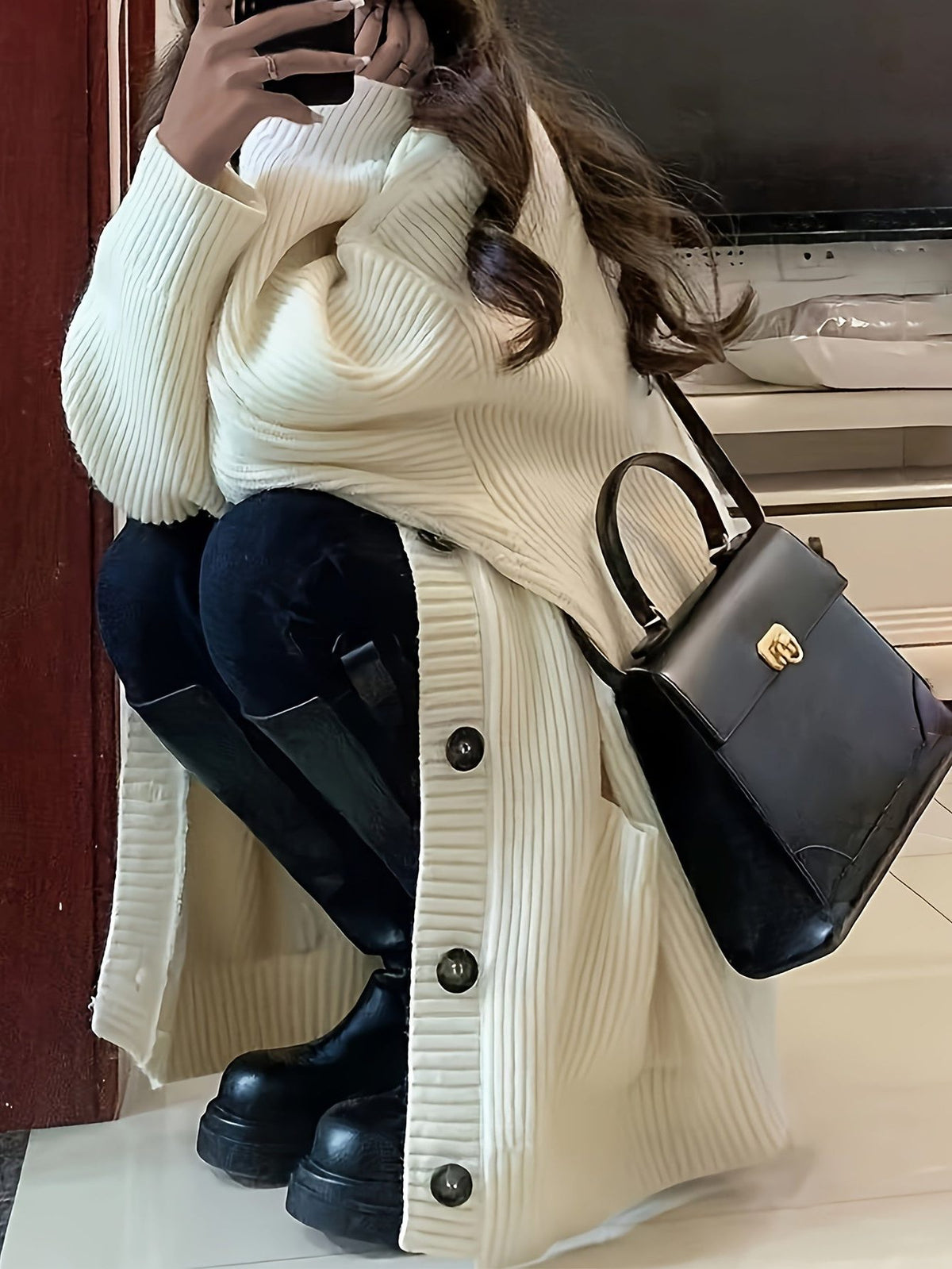 Oversized Chunky Knit Button-Front Cardigan for Women - Beige