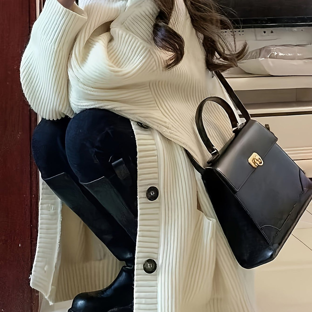 Oversized Chunky Knit Button-Front Cardigan for Women - View 8