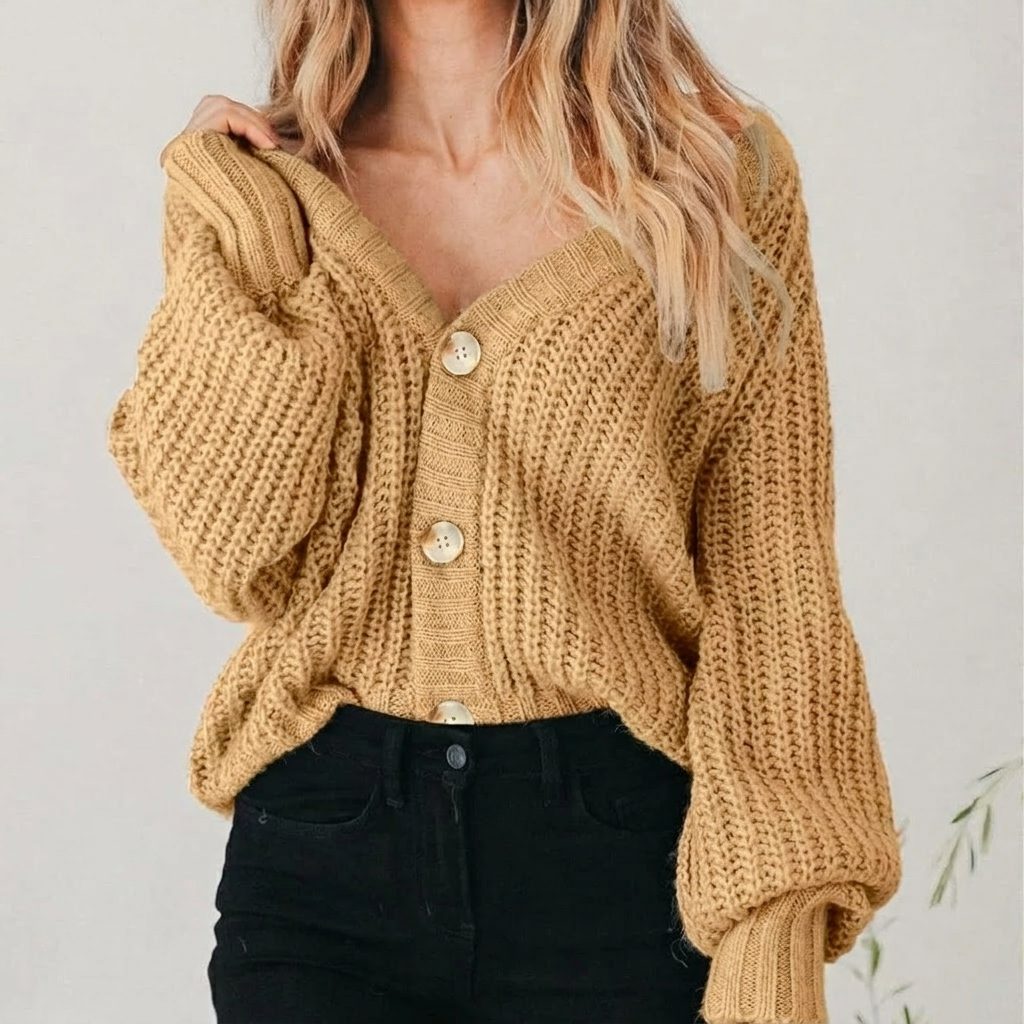 Oversized Chunky Knit Cardigan with Balloon Sleeve and V-Neck for Women