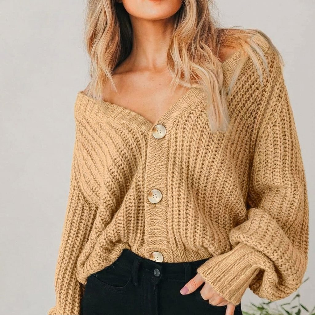 Oversized Chunky Knit Cardigan with Balloon Sleeve and V-Neck for Women - View 2