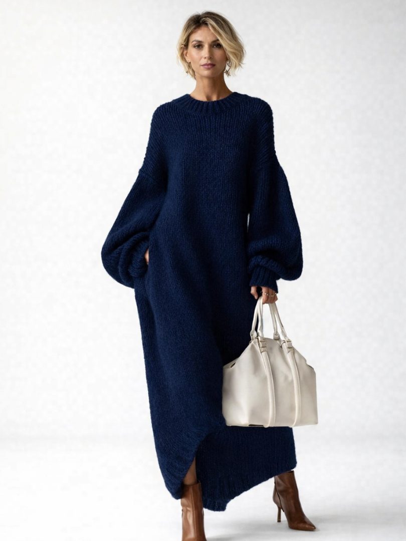 Oversized Chunky Knit Maxi Sweater Dress for Women - Navy