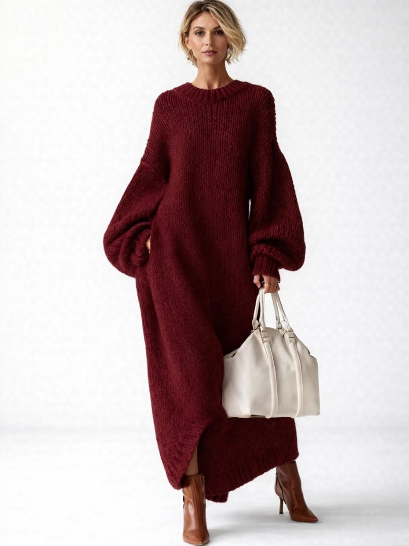 Oversized Chunky Knit Maxi Sweater Dress for Women - Burgundy