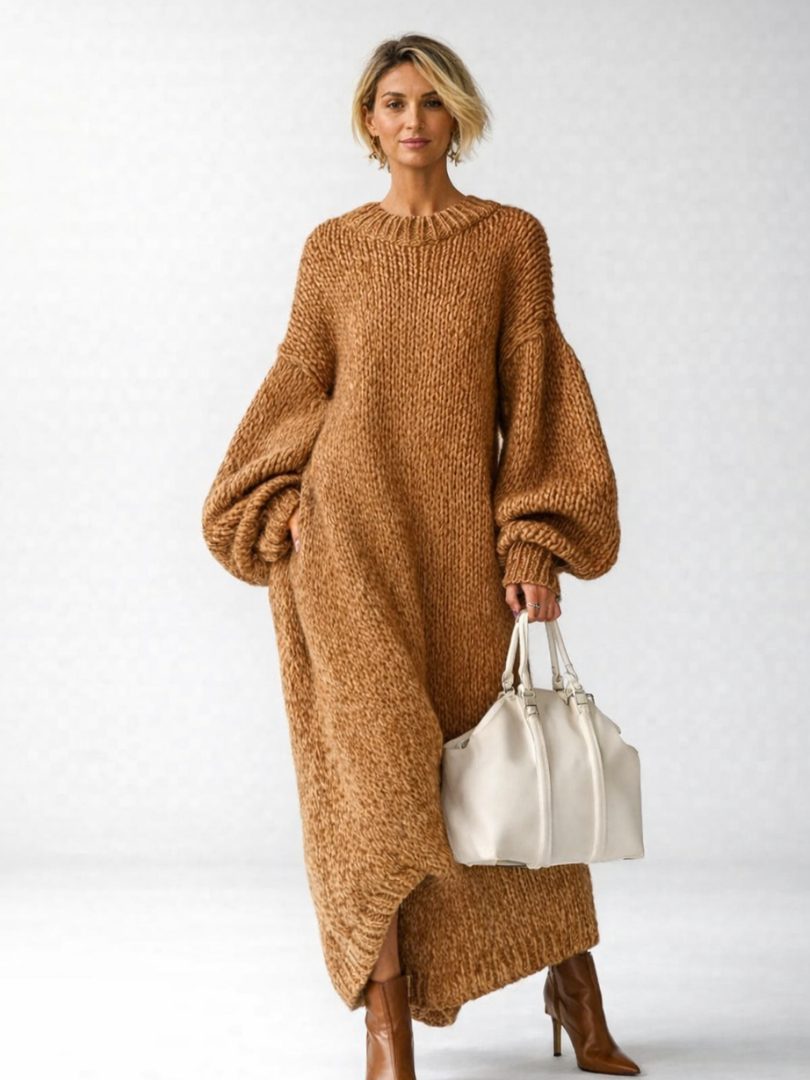 Oversized Chunky Knit Maxi Sweater Dress for Women - Brown