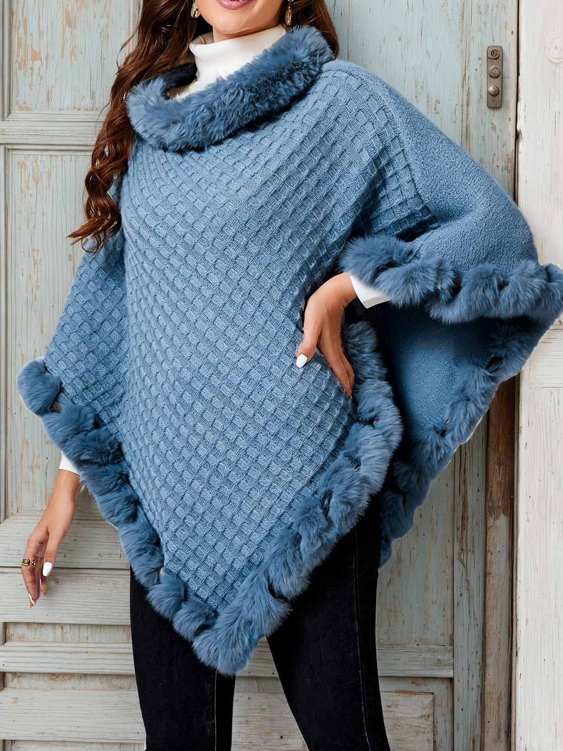 Oversized Cowl Neck Poncho with Fur Trim for Women