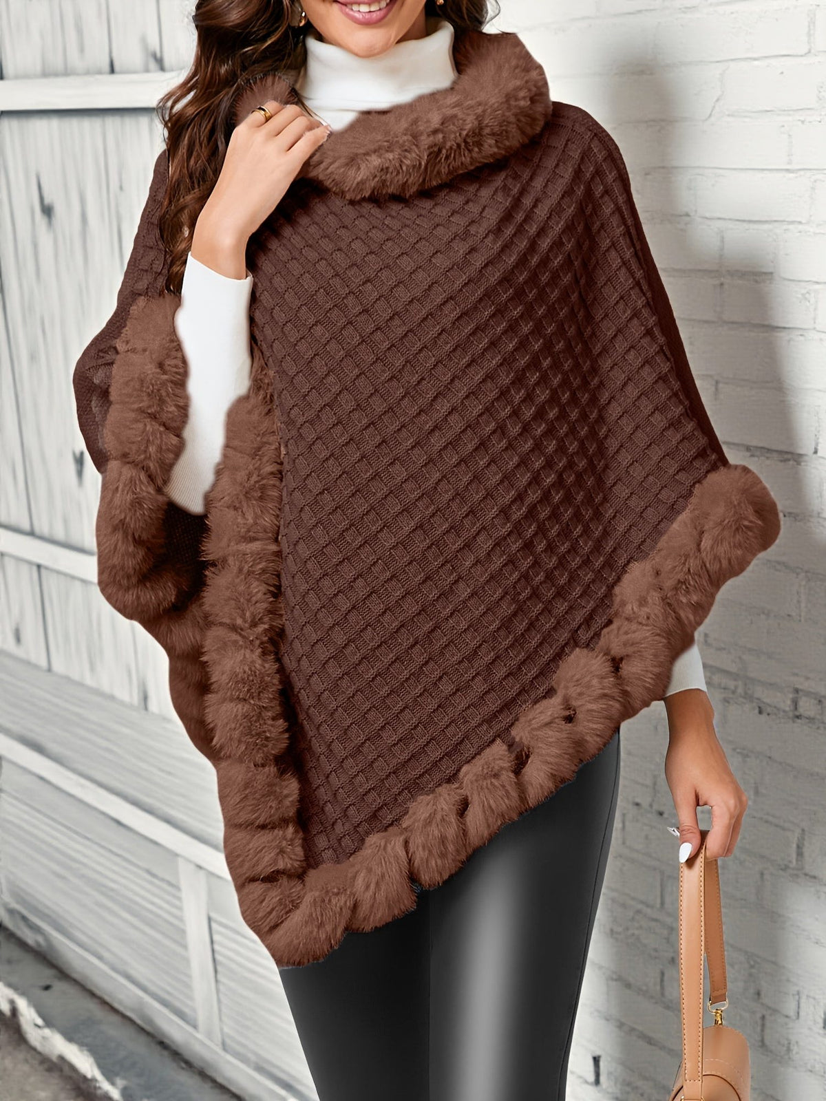 Oversized Cowl Neck Poncho with Fur Trim for Women - View 3