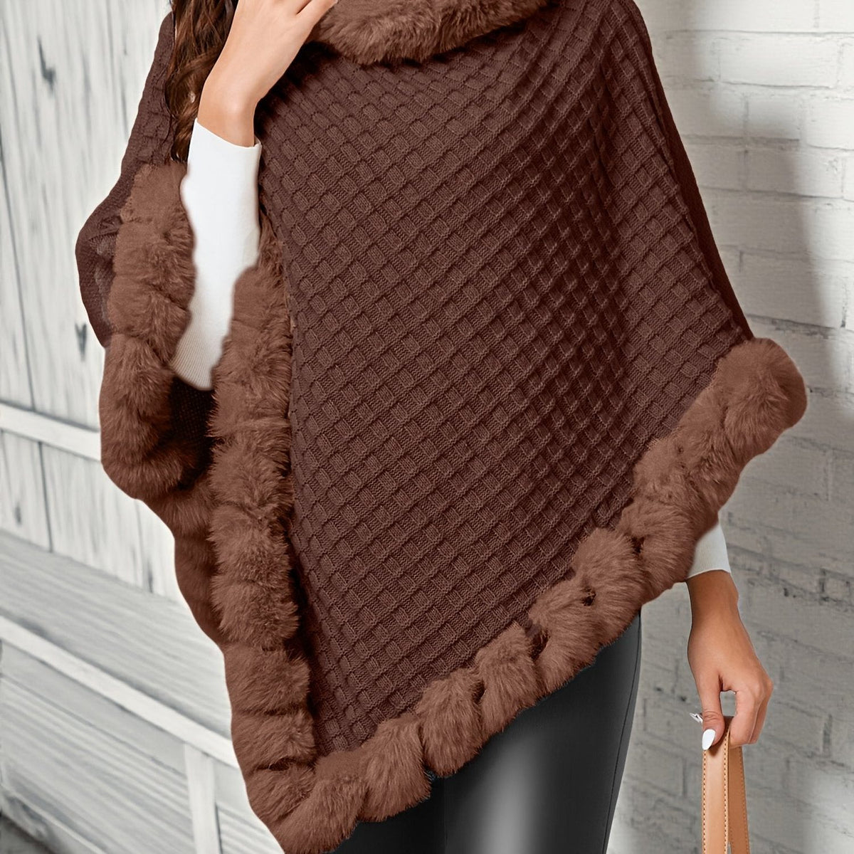 Oversized Cowl Neck Poncho with Fur Trim for Women - Coffee Brown