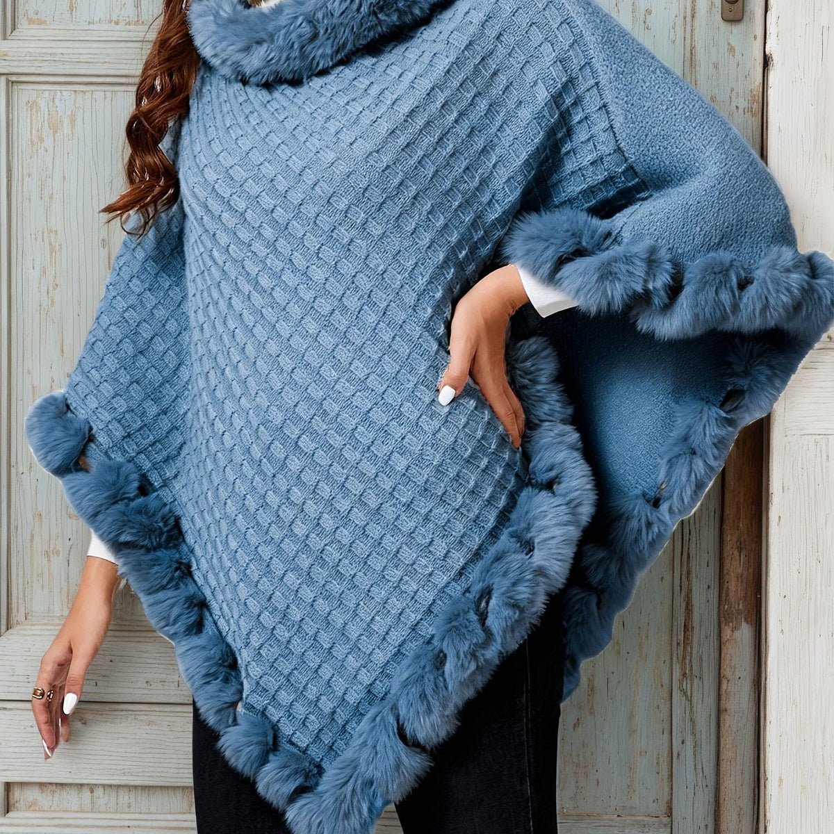 Oversized Cowl Neck Poncho with Fur Trim for Women - Blue