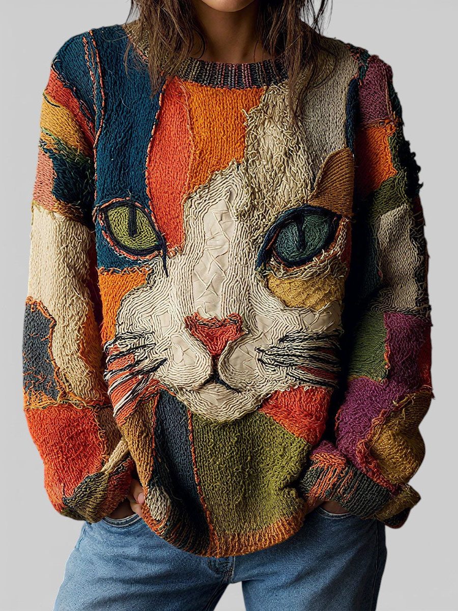 Oversized Crew Neck Animal Print Sweater for Women