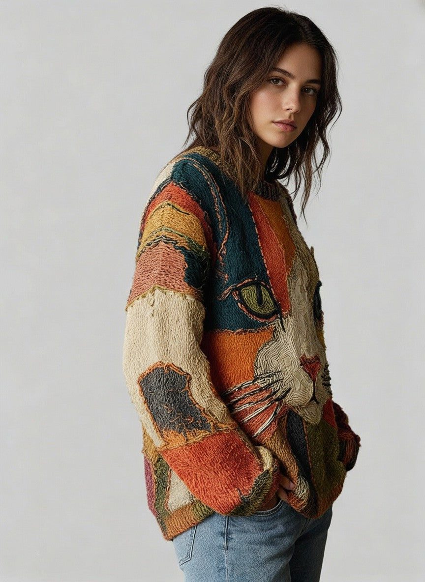 Oversized Crew Neck Animal Print Sweater for Women
