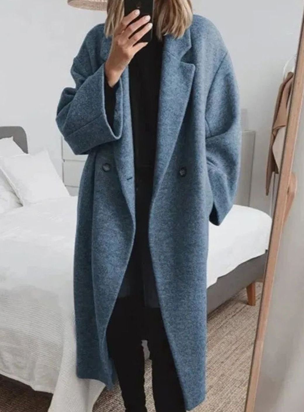 Oversized Double-Breasted Longline Coat for Women - Navy Blue