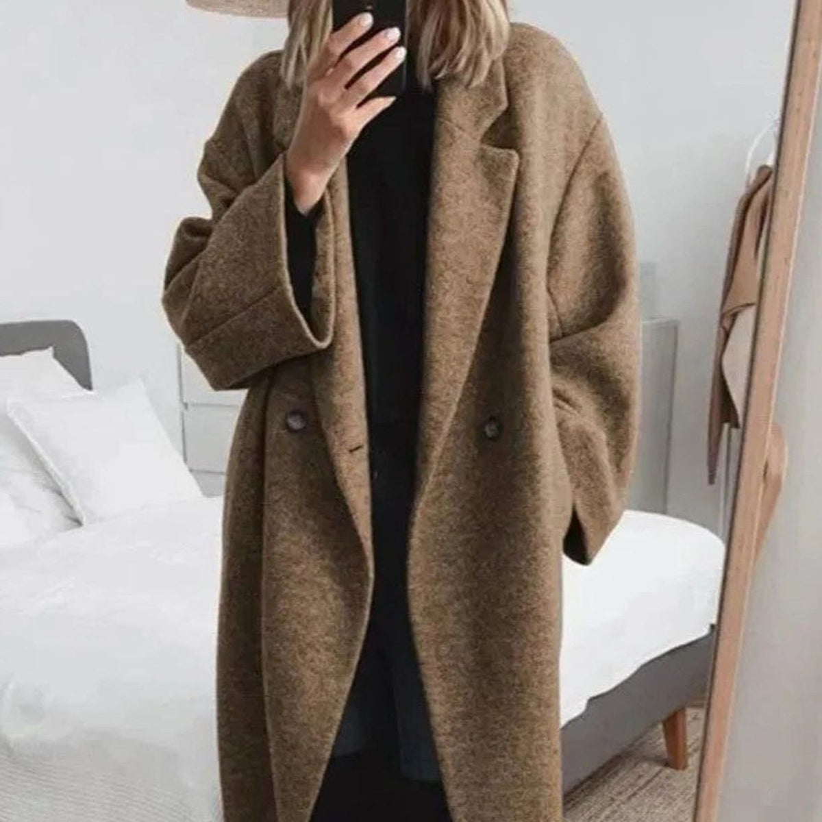 Oversized Double-Breasted Longline Coat for Women - Brown