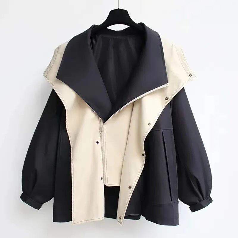 Oversized Drawstring Windbreaker Jacket for Women - Black