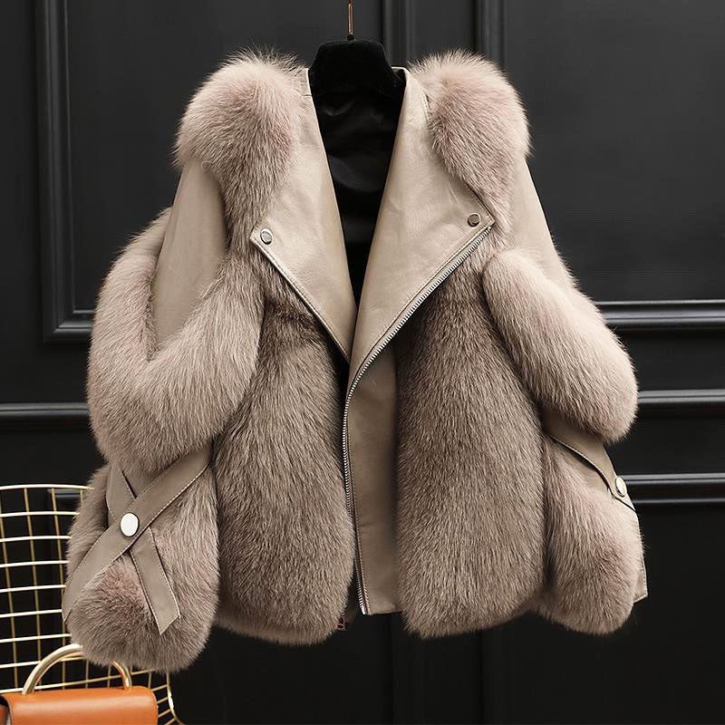 Oversized Faux Fur Collar Leather Jacket for Women