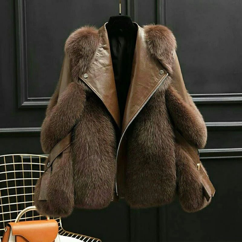Oversized Faux Fur Collar Leather Jacket for Women