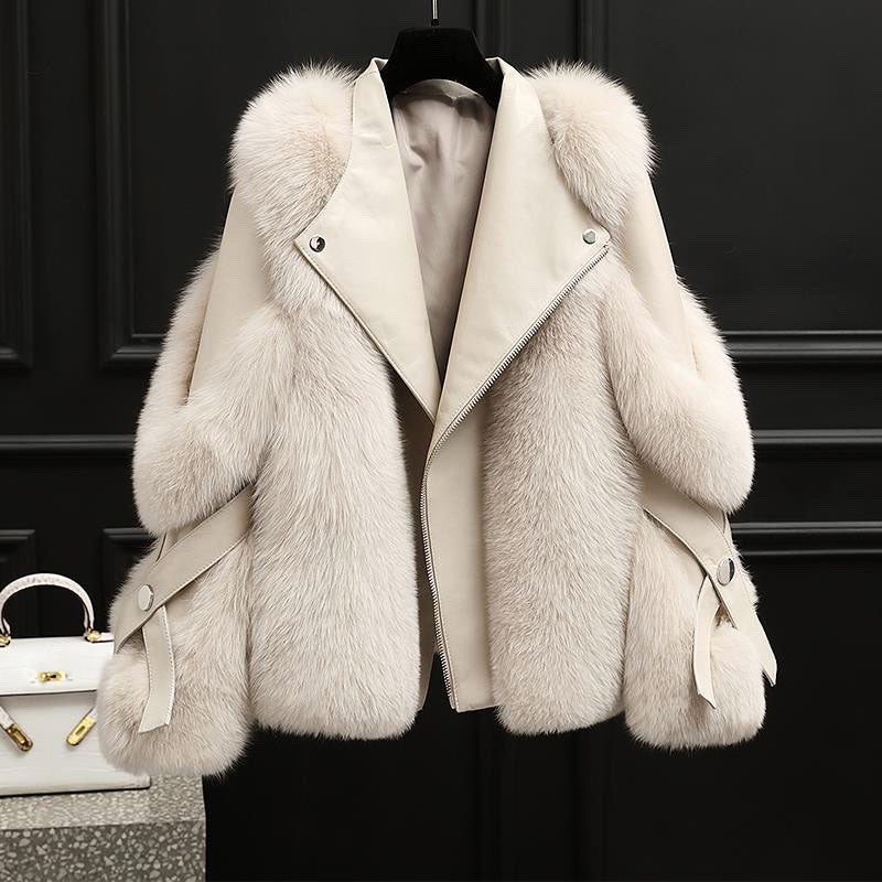 Oversized Faux Fur Collar Leather Jacket for Women - White