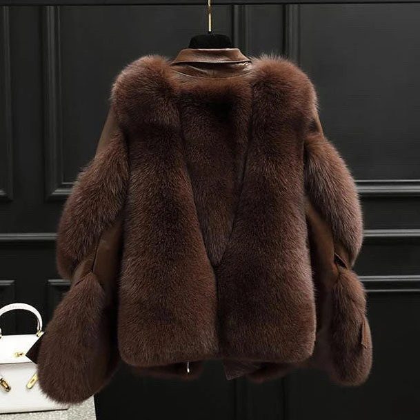 Oversized Faux Fur Collar Leather Jacket for Women - View 5