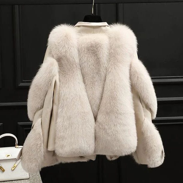 Oversized Faux Fur Collar Leather Jacket for Women - View 6