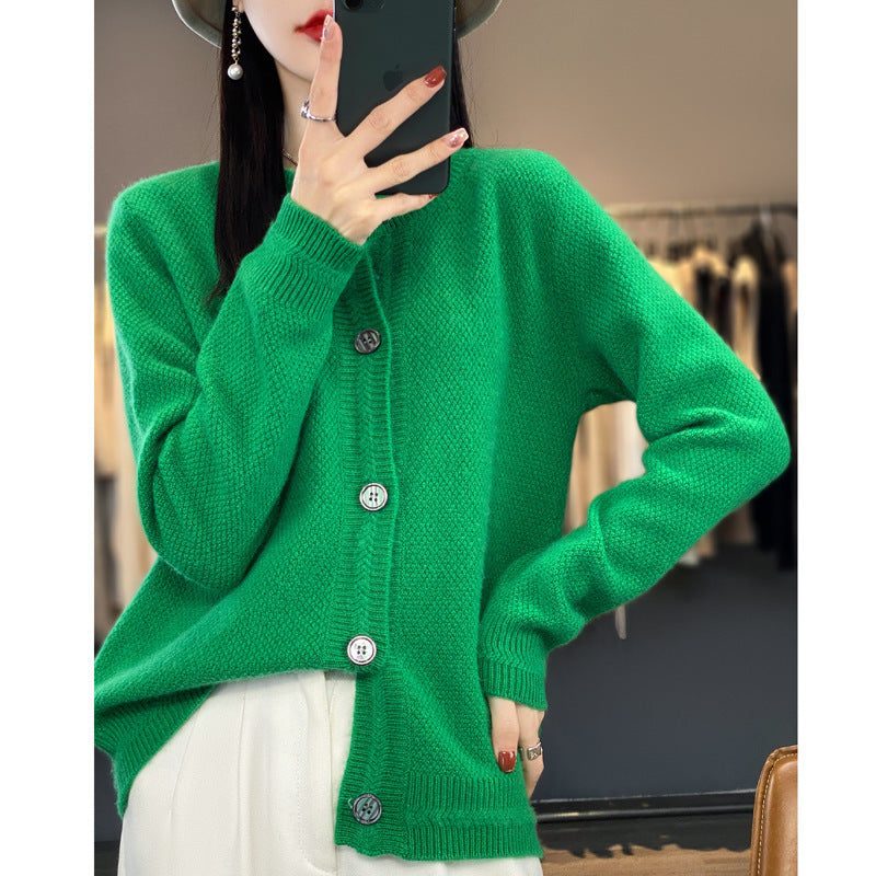 Oversized Fine Knit Cardigan with Button Placket for Women - Green
