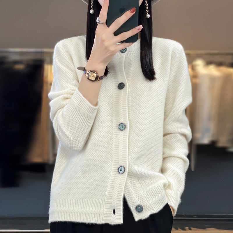 Oversized Fine Knit Cardigan with Button Placket for Women - White