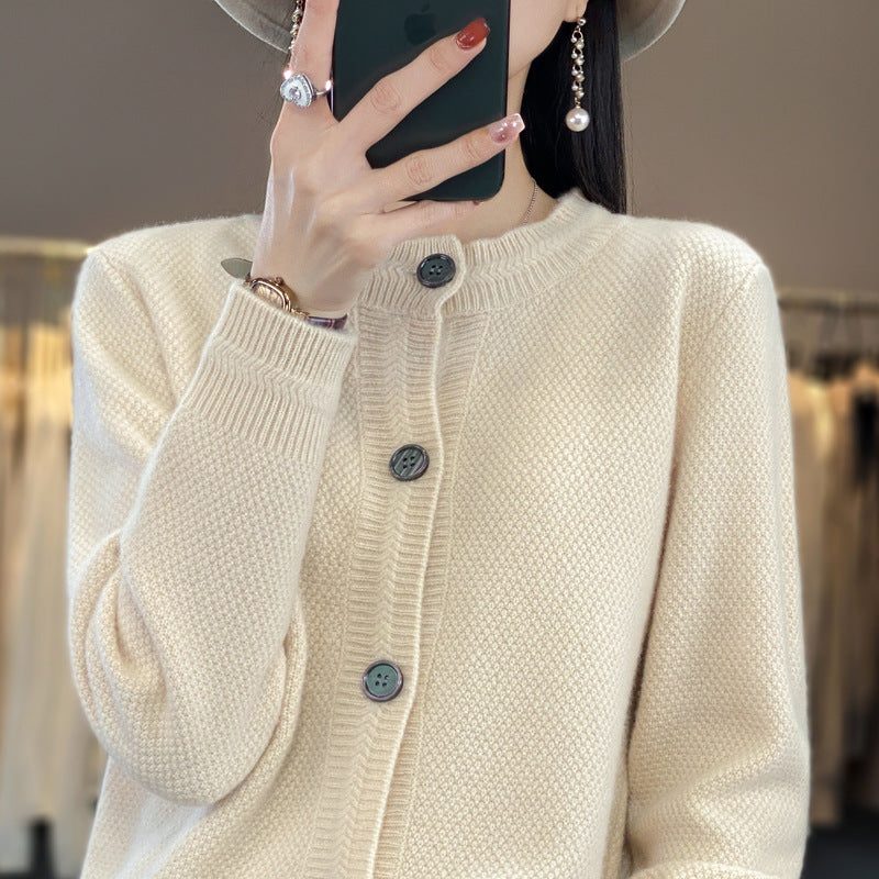 Oversized Fine Knit Cardigan with Button Placket for Women - Velvet Beige