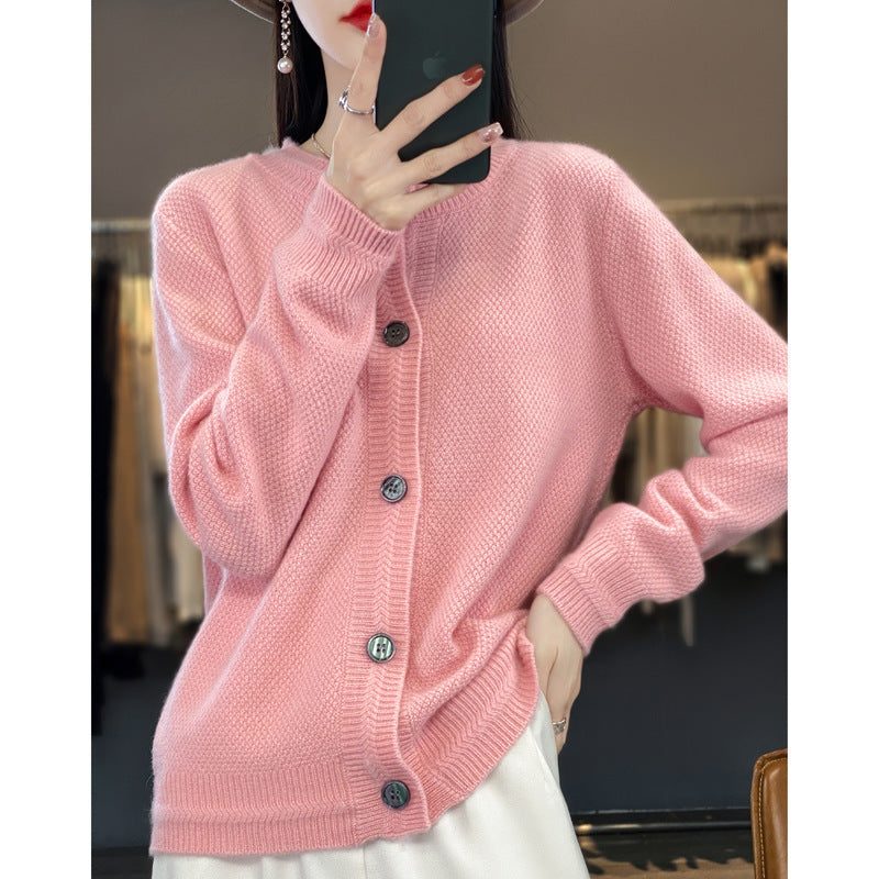 Oversized Fine Knit Cardigan with Button Placket for Women - Rose