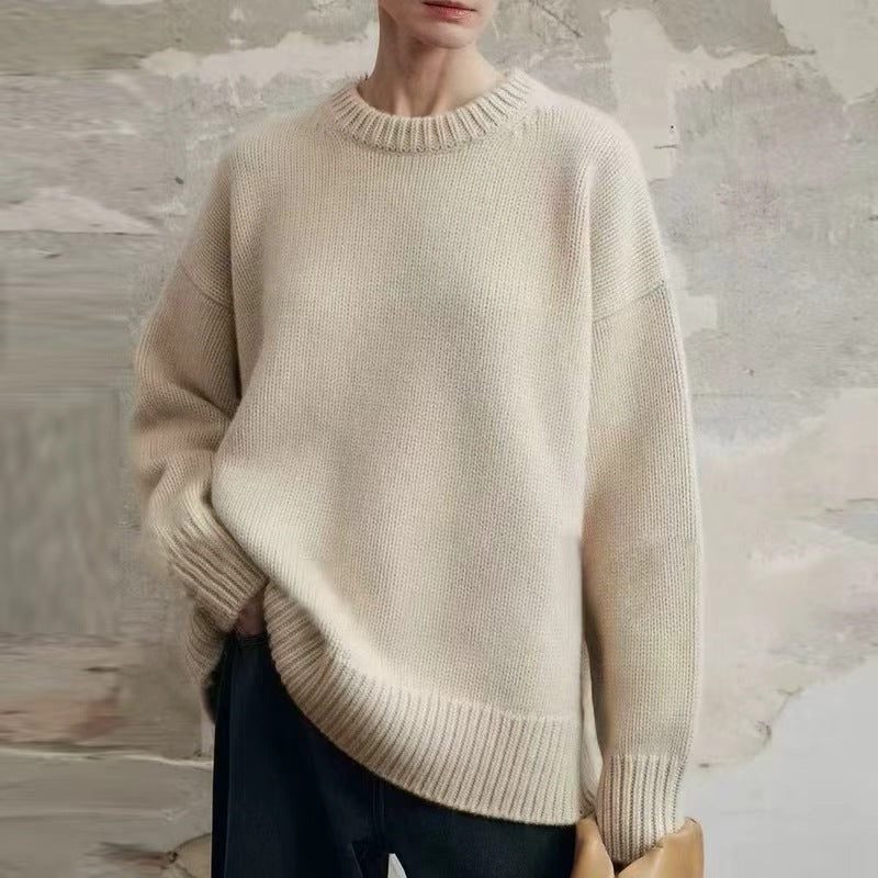 Oversized Fine Knit Sweater with Crew Neck and Dropped Shoulder for Women