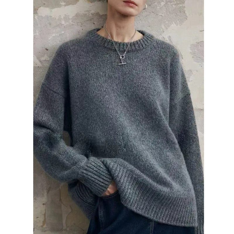 Oversized Fine Knit Sweater with Crew Neck and Dropped Shoulder for Women