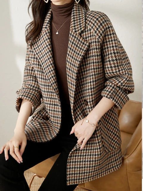 Oversized Houndstooth Double-Breasted Longline Blazer for Women
