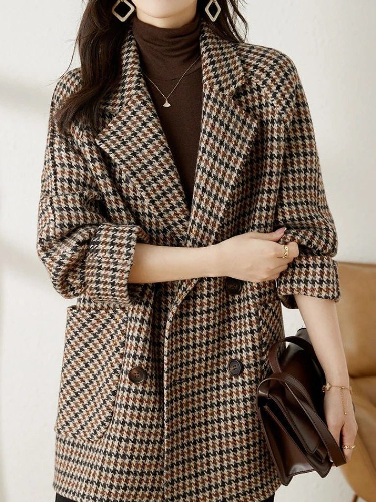 Oversized Houndstooth Double-Breasted Longline Blazer for Women - View 2