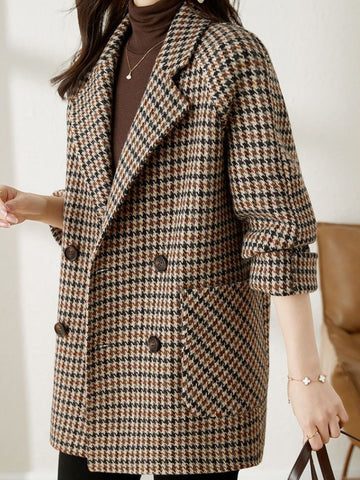 Oversized Houndstooth Double-Breasted Longline Blazer for Women - View 3