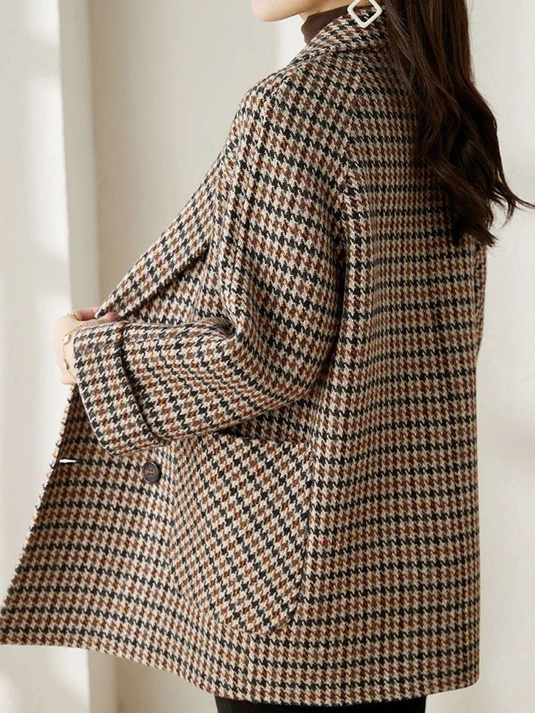 Oversized Houndstooth Double-Breasted Longline Blazer for Women - View 4