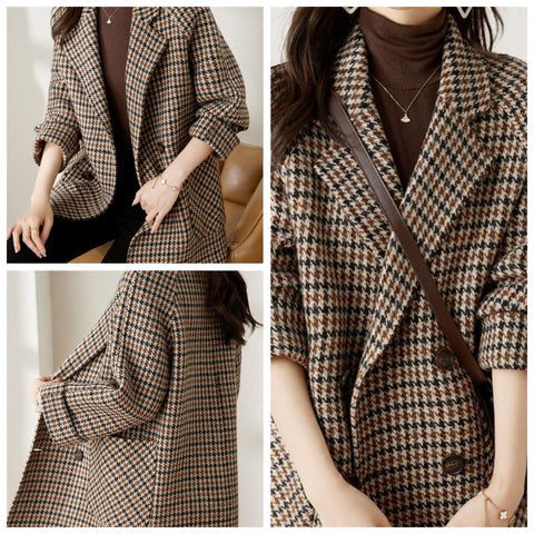 Oversized Houndstooth Double-Breasted Longline Blazer for Women - View 5