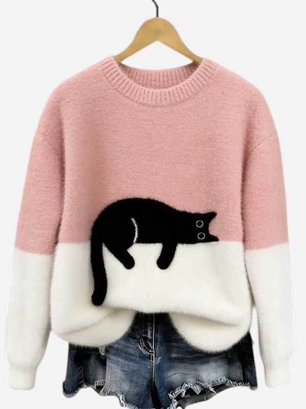 Oversized Knit Sweater with Crew Neck and Cat Detail for Women