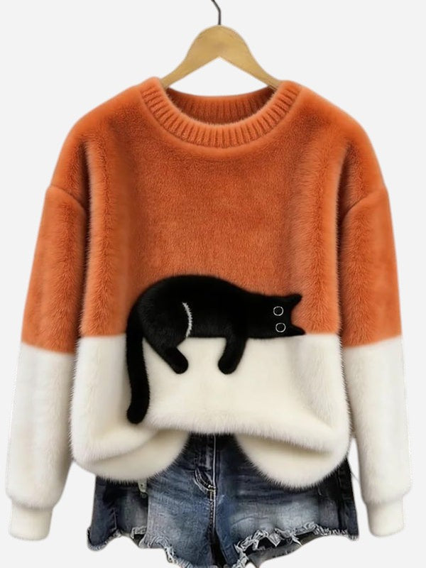 Oversized Knit Sweater with Crew Neck and Cat Detail for Women