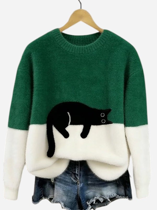 Oversized Knit Sweater with Crew Neck and Cat Detail for Women