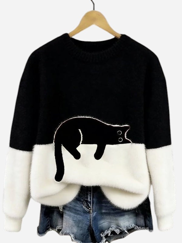Oversized Knit Sweater with Crew Neck and Cat Detail for Women